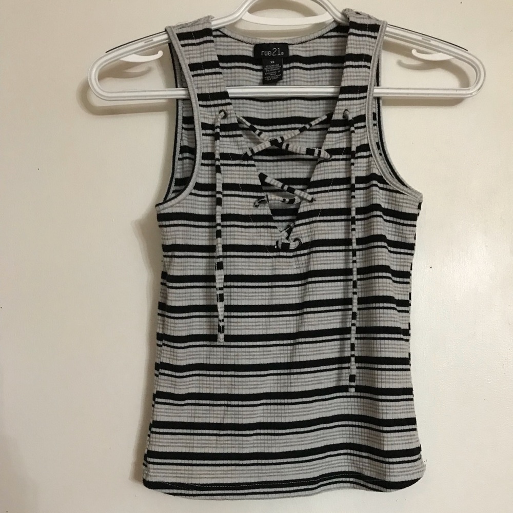 Lace Up Striped, Ribbed Tank - Picture 3 of 4